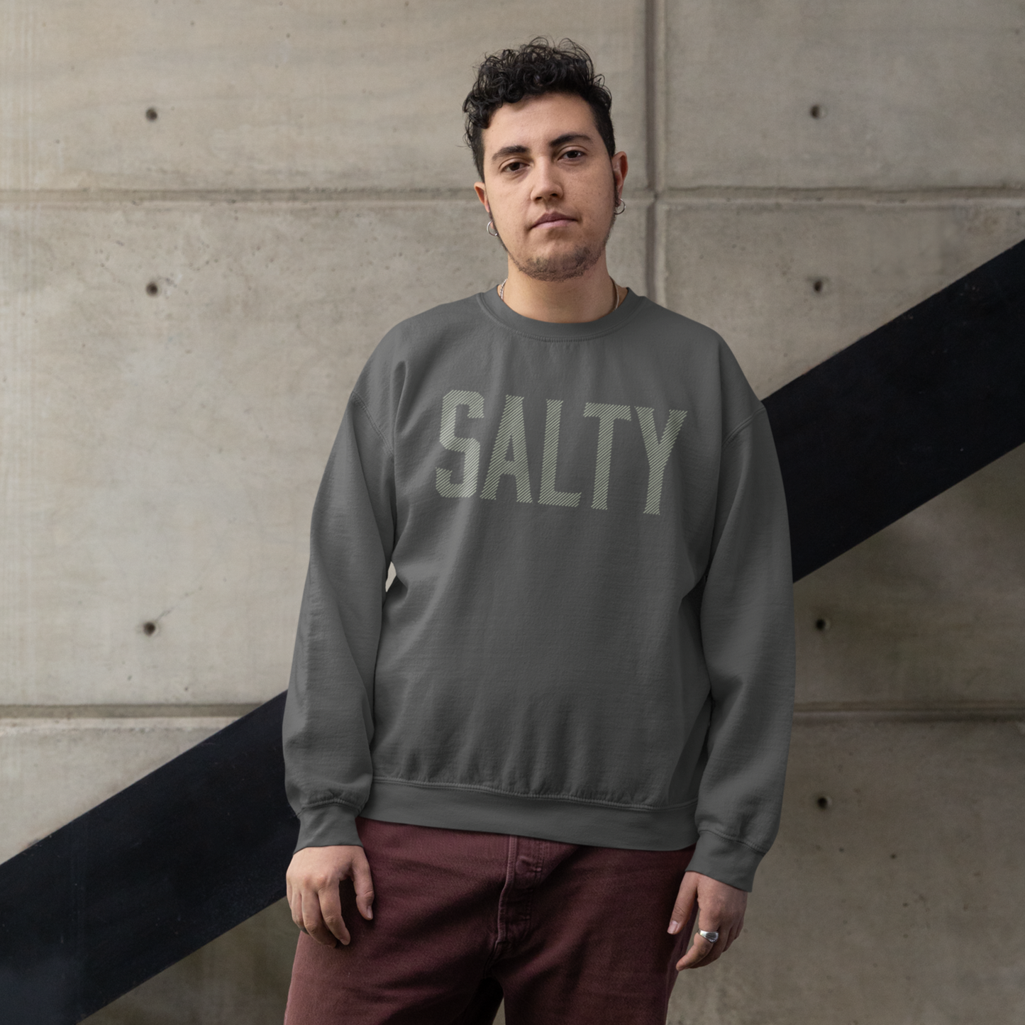 Cozy sweatshirt with the phrase Salty emblazoned on it